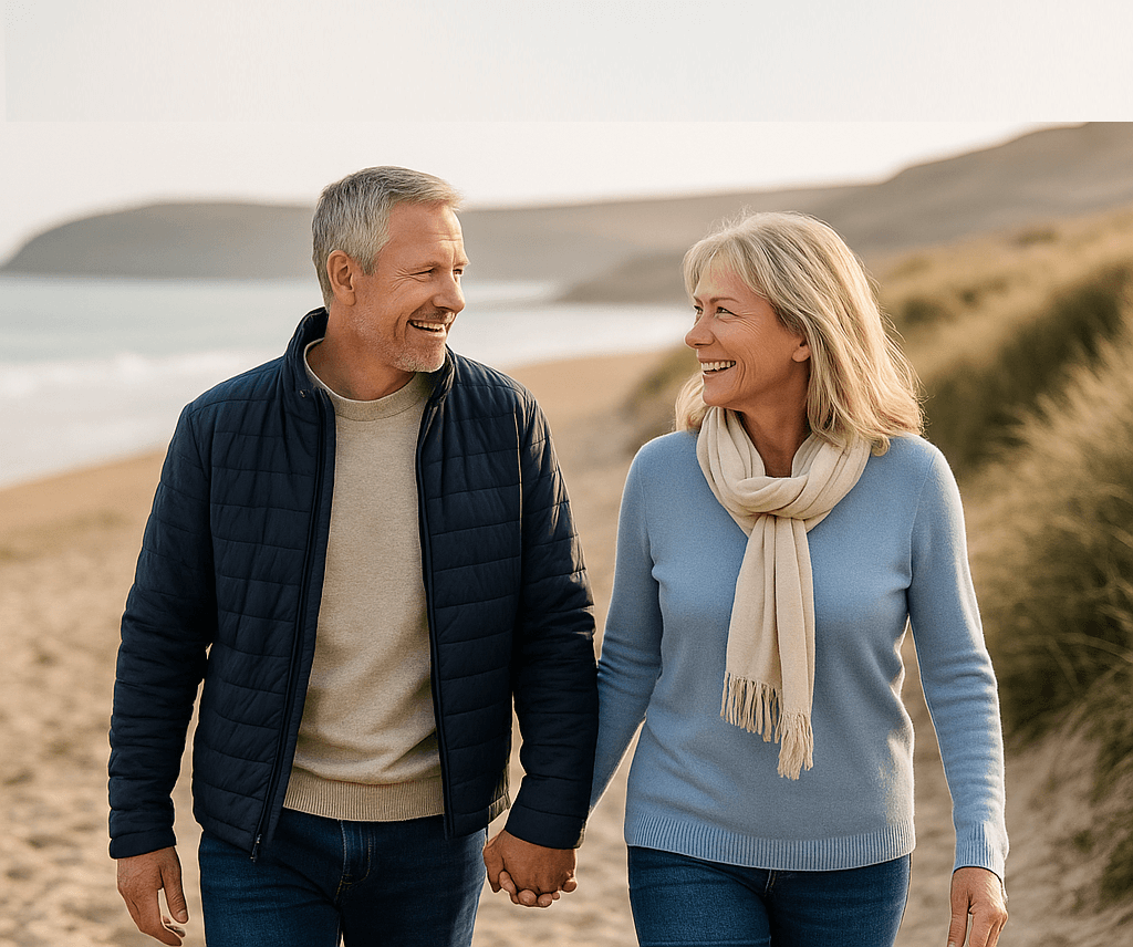 A retired couple walking on beach